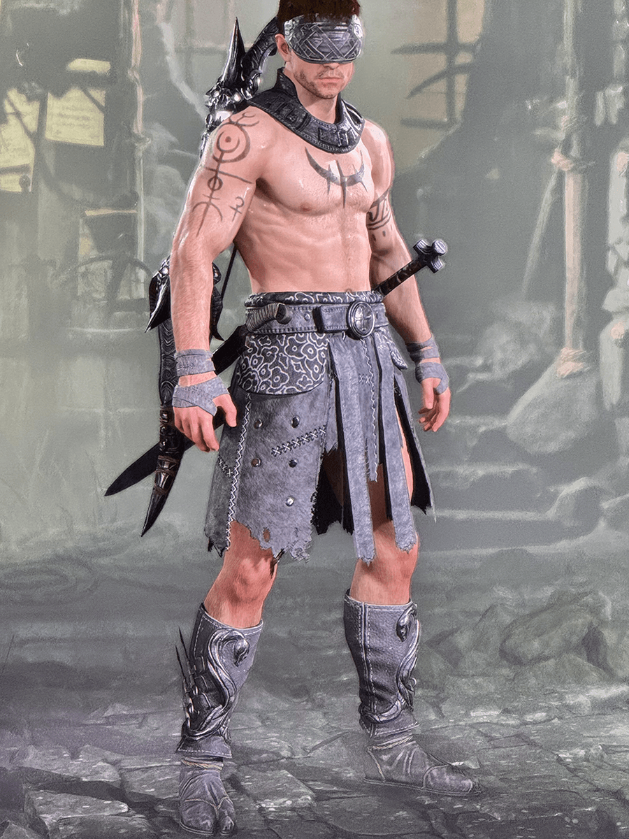 A Diablo character — a blindfolded rogue in grey leathers